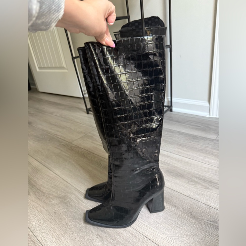 Black Croc-Embossed Knee-High Boots